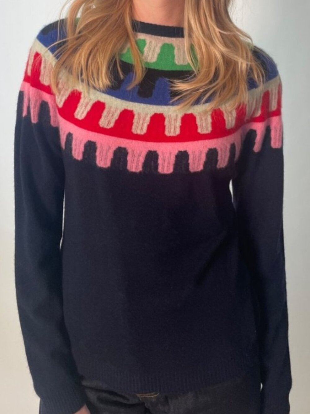 Jumper Cashmere Rick Rack Yoke  Navy Sweater US S Fair Isle Y2K Preppy Cozy Chic
